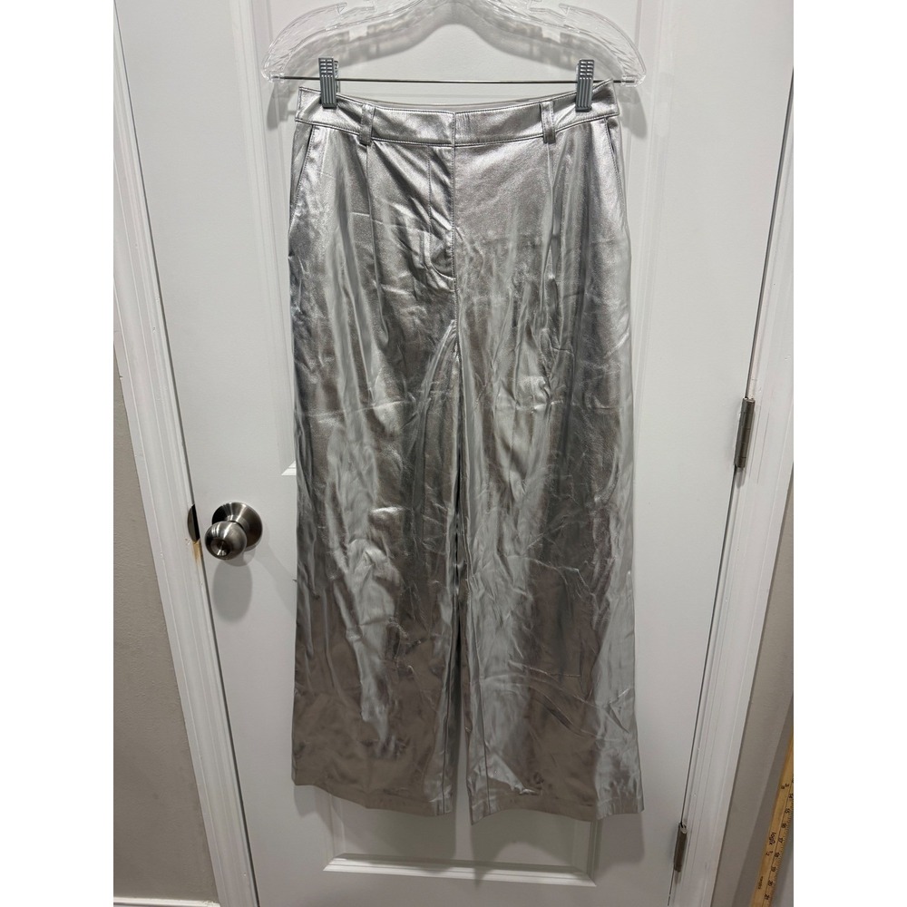 Open Edit Womens Wide Leg Pants Metallic Faux Leather Silver Size S